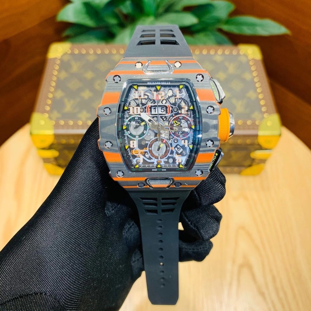 Carbon Sports Watch Black Rubber Orange Dial- Luxury Watch