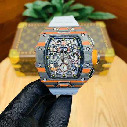 Carbon Sports Watch White Rubber Orange Dial- Luxury Watch