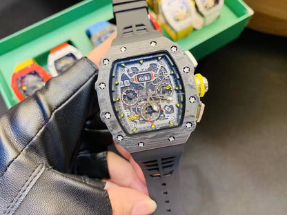 Carbon Sports Watch Black Rubber Open Work Black Dial- Luxury Watch
