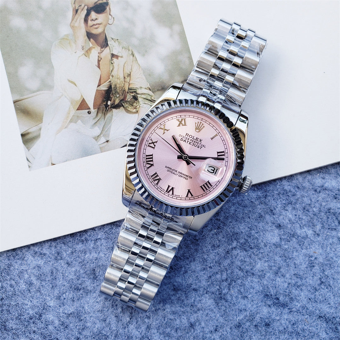 Ladies 28mm Fluted Stainless Steel (Pink Dial) - Luxury Watch