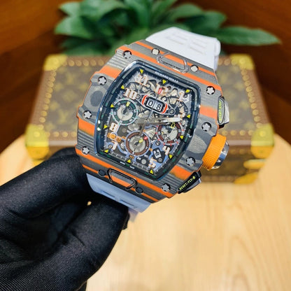 Carbon Sports Watch White Rubber Orange Dial- Luxury Watch