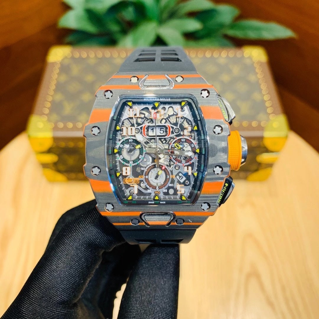 Carbon Sports Watch Black Rubber Orange Dial- Luxury Watch